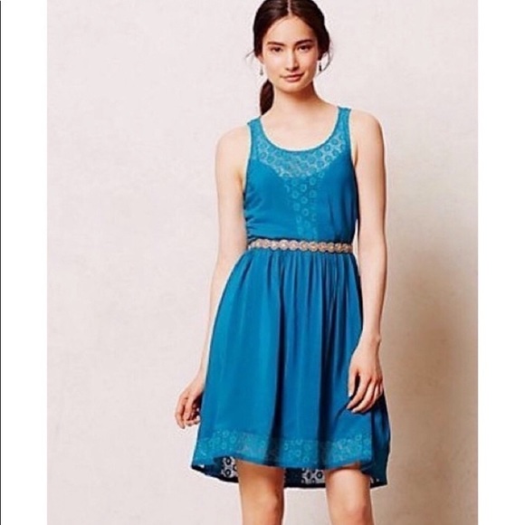 Anthro Lilka Crochet Lace Cutout Panel Bright Blue A-Line Swing Dress w/Pockets - Picture 3 of 11
